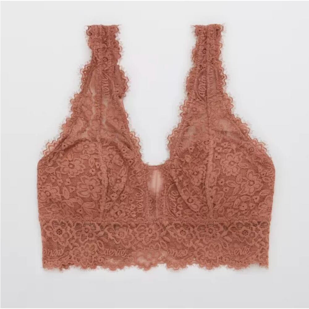 Aerie Size XL Eyelash Lace Lightly Padded Plunge Bralette Dusty Pink - Picture 9 of 10